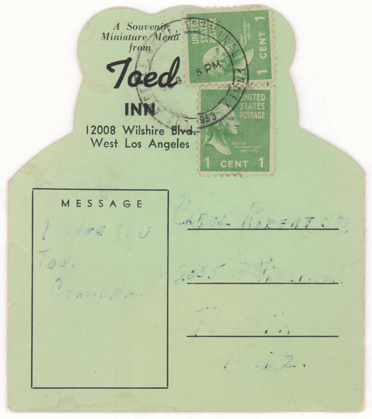Toed Inn, Los Angeles 1953 | Vintage Menu Art - postcard
