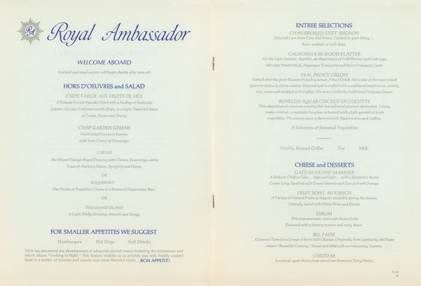 TWA Royal Ambassador First Class, 1960s menu