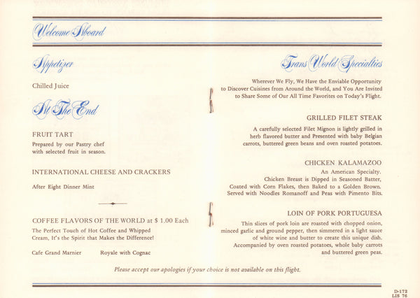 TWA Dublin, In-flight Menu 1970s In-flight menu