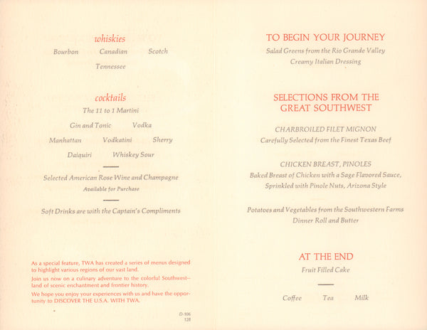 TWA David Klein Silverton to Durango Railroad 1960s inflight menu