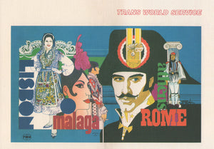 TWA Rome, Athens, Lisbon, Malaga Bob Peak Cover Art 1975 Menu Art