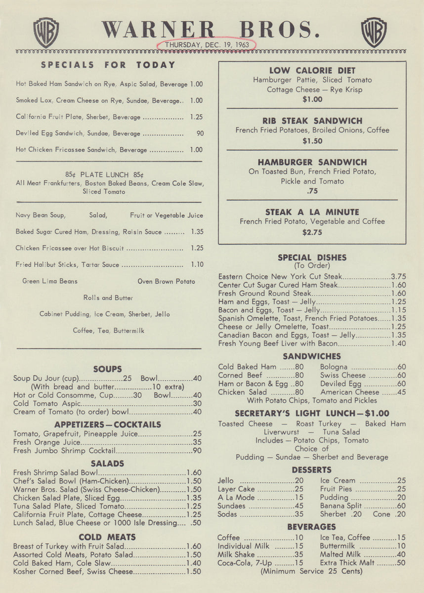 Warner Bros Commissary, Hollywood 1963 | Vintage Menu Art