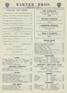 Warner Bros Commissary, Hollywood 1963 | Vintage Menu Art – food