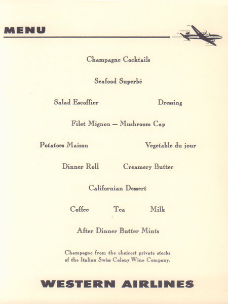 Western Airlines, Champagne Flight 1950s Menu