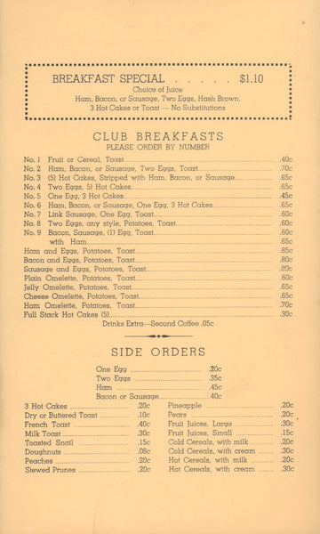 Wimpy's, Los Angeles 1940s - Vintage Menu Art – breakfast menu