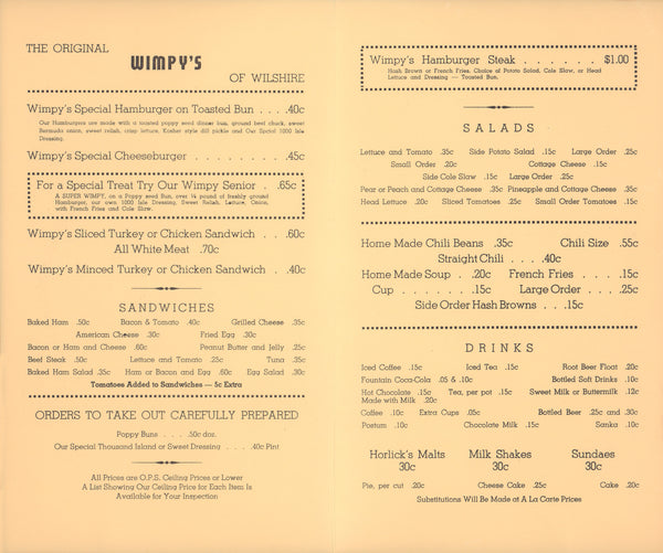 Wimpy's, Los Angeles 1940s - Vintage Menu Art – food menu