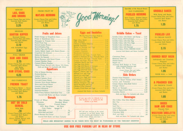 Wolfie Cohen's Rascal House, Miami Beach 1970s | Vintage Menu Art - breakfast menu