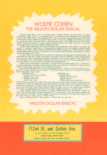 Wolfie Cohen's Rascal House, Miami Beach 1970s | Vintage Menu Art - story on back cover
