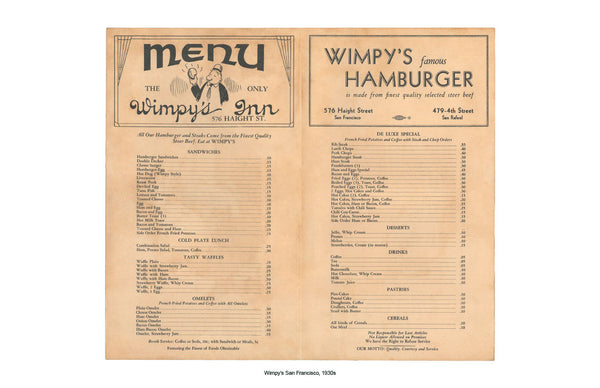 Wimpy's Inn, San Francisco 1930s Menu