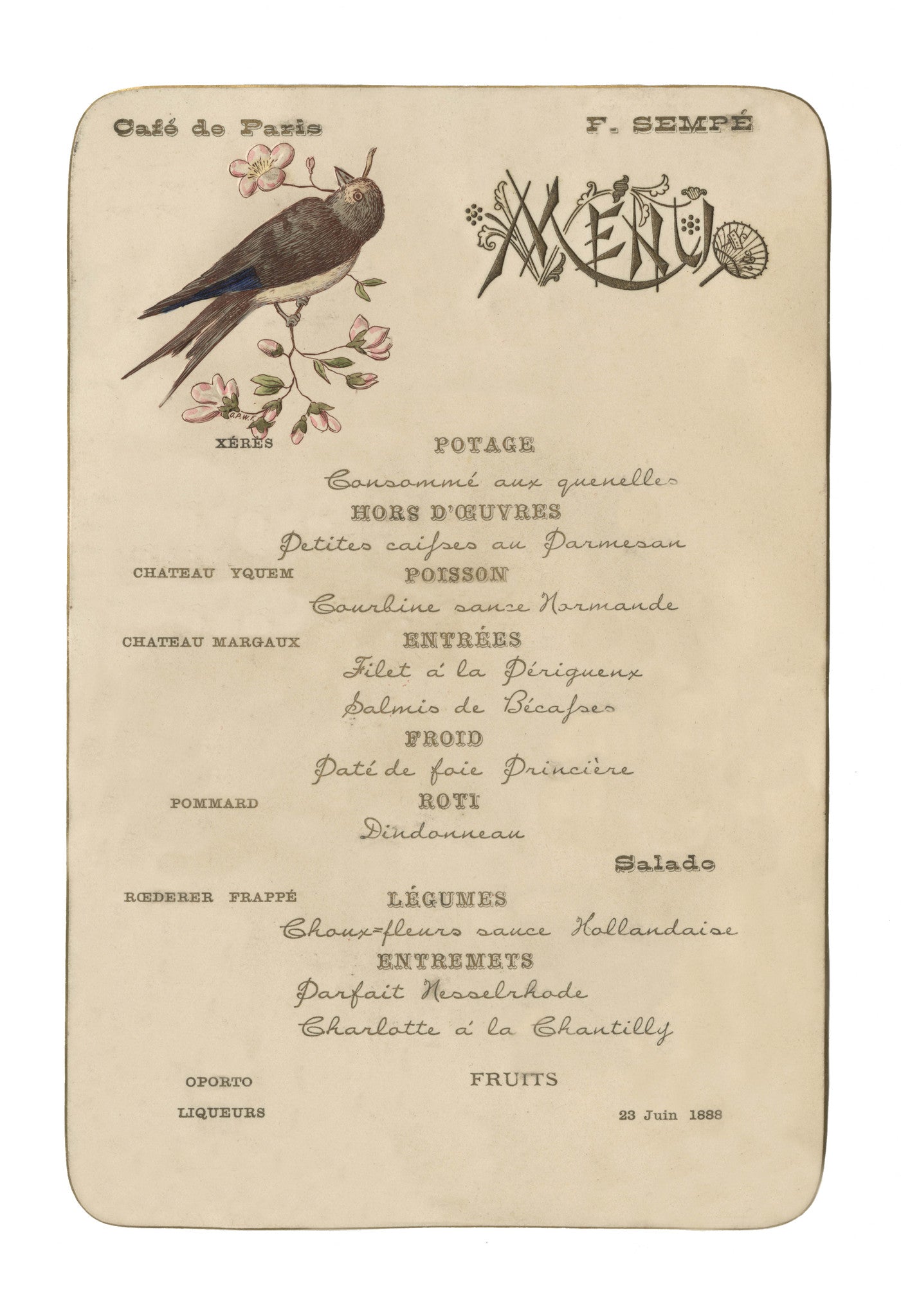 Café de Paris (Bird), Buenos Aires, June 1888 Vintage French menu