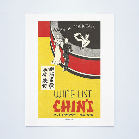Chin's Wine List, New York, 1937 Vintage Menu Art