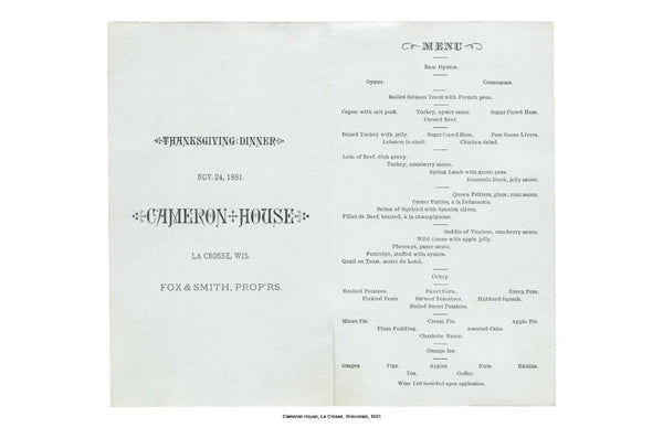 Cameron House, La Crosse, Wisconsin, Thanksgving Dinner 1881