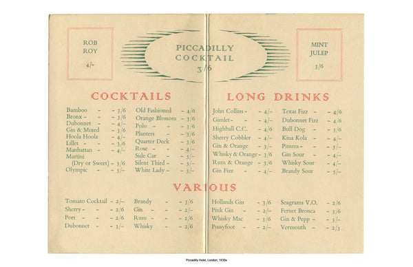 Piccadilly Hotel, London, 1950s Menu