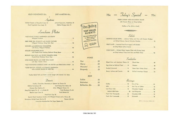Childs New York 1951 menu