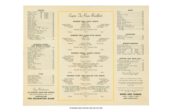 Breakfast Autocrat, Hotel New Yorker, New York, 1950s Vintage Menu Interior