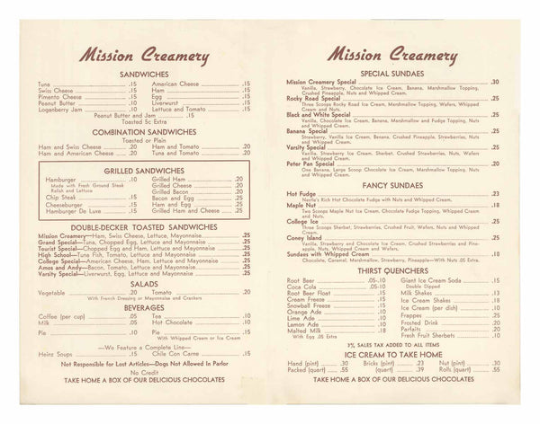 Mission Creamery San Francisco 1950s Menu