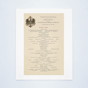 Wine List For Prince Henry of Prussia's Pullman Dining Car "Willard" 1902