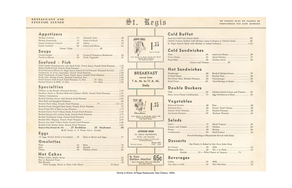 Shrimp in Shorts, St Regis Restaurant, New Orleans, 1950s Menu